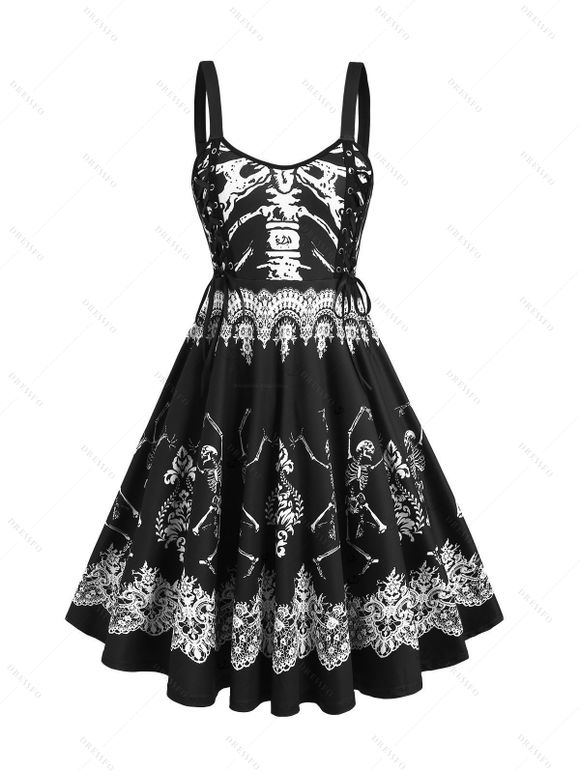 Gothic Couple Outfit Skeleton Print Lace Up Mini Dress and Shirt Set for Halloween - BLACK S | US 4