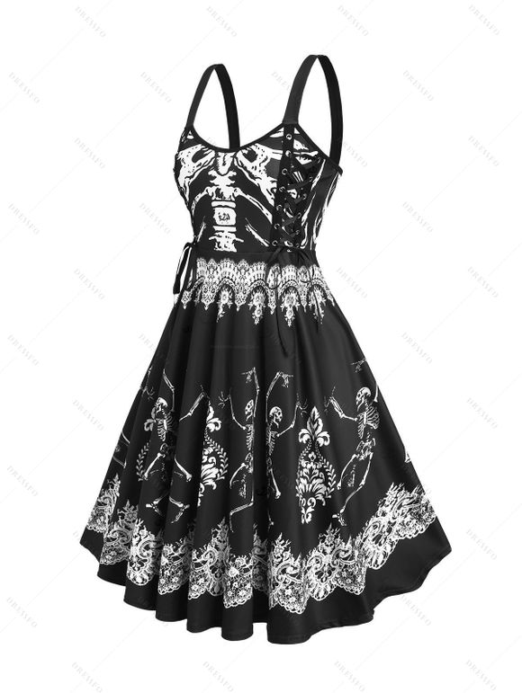 Gothic Couple Outfit Skeleton Print Lace Up Mini Dress and Shirt Set for Halloween - BLACK S | US 4