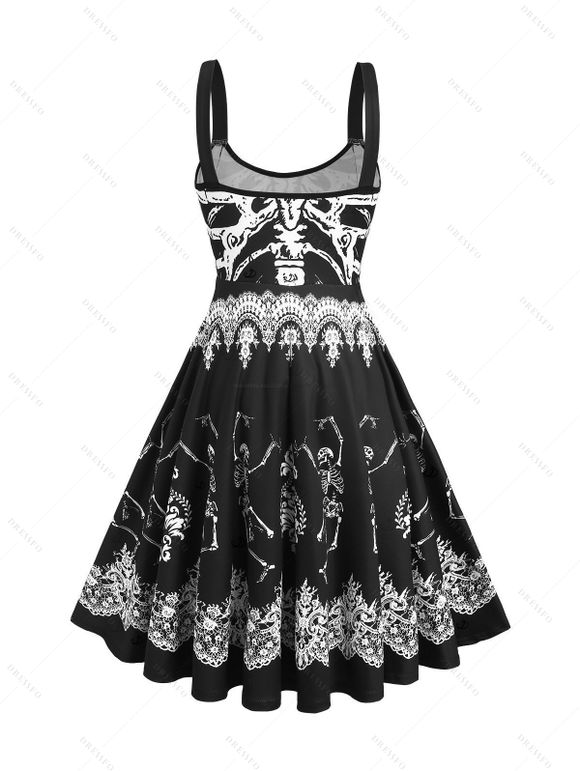 Gothic Couple Outfit Skeleton Print Lace Up Mini Dress and Shirt Set for Halloween - BLACK S | US 4