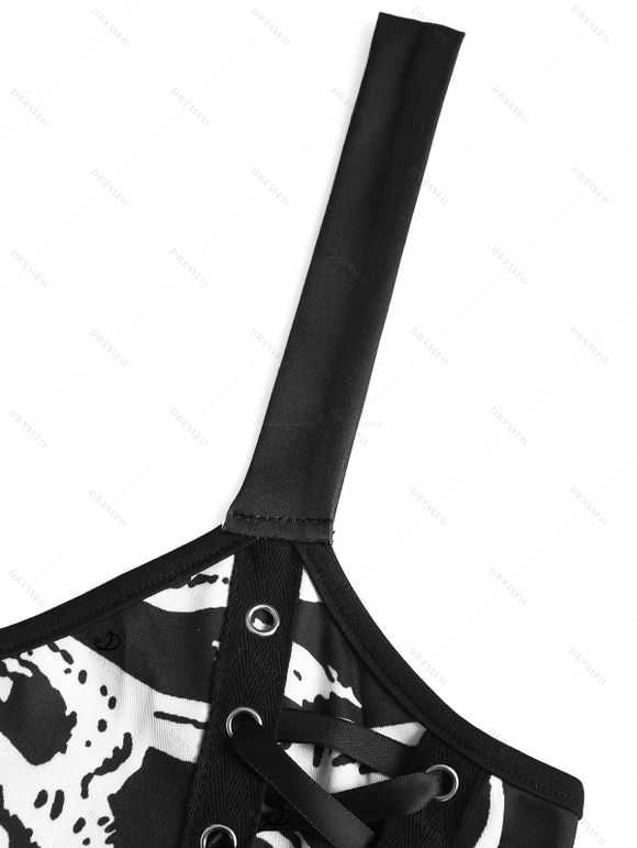 Gothic Couple Outfit Skeleton Print Lace Up Mini Dress and Shirt Set for Halloween - BLACK S | US 4