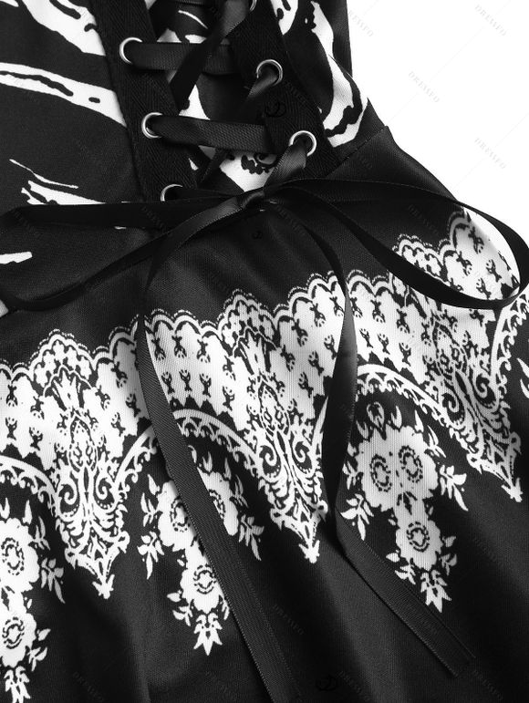 Gothic Couple Outfit Skeleton Print Lace Up Mini Dress and Shirt Set for Halloween - BLACK S | US 4