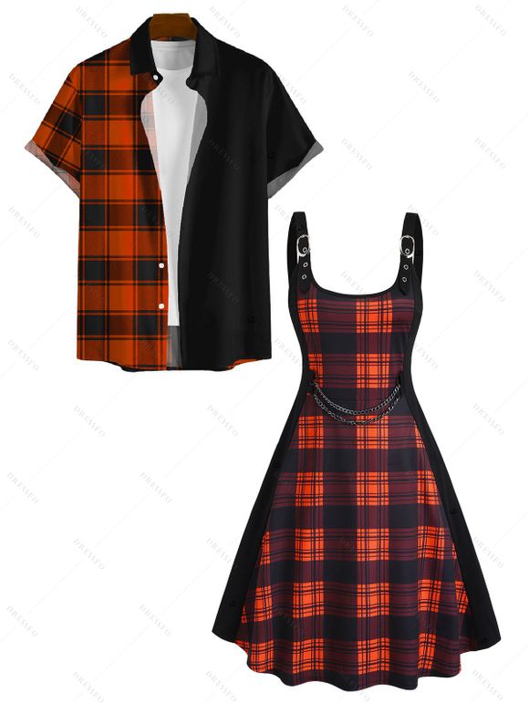 Gothic Couple Outfit Plaid Print Buckle Strap Chain Embellishment Mini Dress and Shirt Set - Orange S | US 4