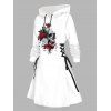 Rose Skull Print Drawstring Hoodie Side Lace Up A Line Hooded Dress - WHITE XXL | US 14