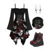 Gothic Outfit Skull Rose Print Lace Up Midi Dress and Earrings Rivet Boots Set for Halloween - Rouge S | US 4