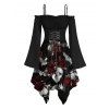 Gothic Outfit Skull Rose Print Lace Up Midi Dress and Earrings Rivet Boots Set for Halloween - Rouge S | US 4