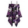 Gothic Outfit for Halloween Skull Rose Print Lace Up Midi Dress and Bat Necklace Earrings Buckle Boots Set - Concorde S | US 4
