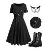 Gothic Outfit Lace Up Mini Dress and Heart Rivet Spider Necklace Boots Set - Noir S | US 4