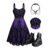Gothic Outfit Cross Printed Grommet Dress and Rivets Choker Buckle Boots Set for Halloween - Concorde S | US 4