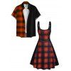 Gothic Couple Outfit Plaid Print Buckle Strap Chain Embellishment Mini Dress and Shirt Set - Orange S | US 4