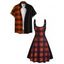 Gothic Couple Outfit Plaid Print Buckle Strap Chain Embellishment Mini Dress and Shirt Set - Orange S | US 4