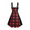 Gothic Couple Outfit Plaid Print Buckle Strap Chain Embellishment Mini Dress and Shirt Set - Orange S | US 4