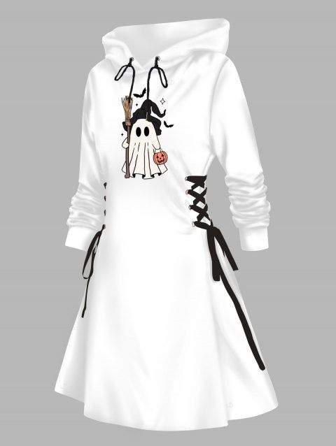 Halloween Hoodie Dress Bat Ghost Pumpkin Print Lace Up Drawstrings Mini Dress