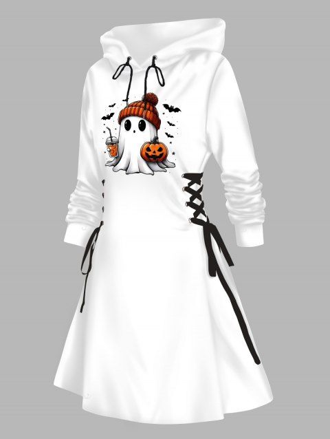 Robe à capuche d'Halloween, mini-robe à lacets et cordons de serrage, imprimé citrouille fantôme