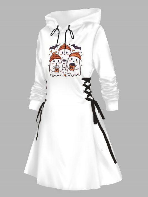 Robe à capuche d'Halloween, mini-robe à lacets et cordons de serrage, imprimé fantôme chauve-souris
