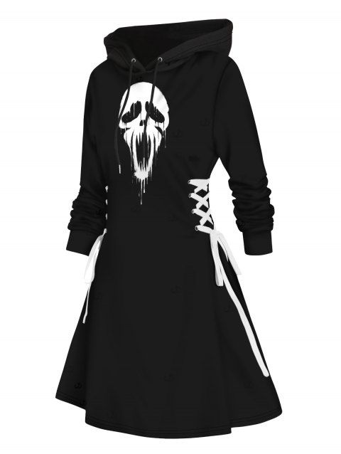 Robe à capuche gothique pour Halloween, mini-robe à lacets et cordons de serrage, imprimé tête de mort