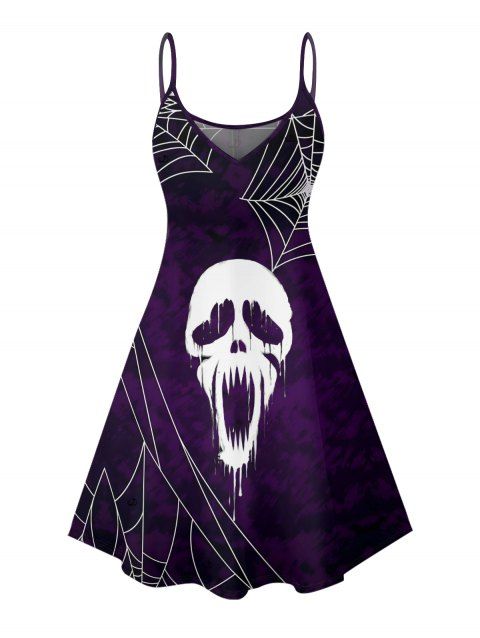 Skull Spider Web Print Gothic Dress Spaghetti Strap Mini Dress for Halloween