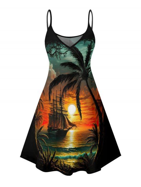 Robe de plage à imprimé cocotiers et coucher de soleil, mini-robe à bretelles spaghetti pour les vacances
