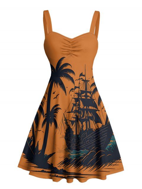 Robe de vacances pour la plage, imprimé cocotier, mini-robe froncée au buste