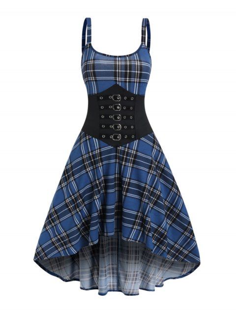 Vintage Dress Plaid Print Dress Grommet Bucket High Waisted High Low Midi Dress