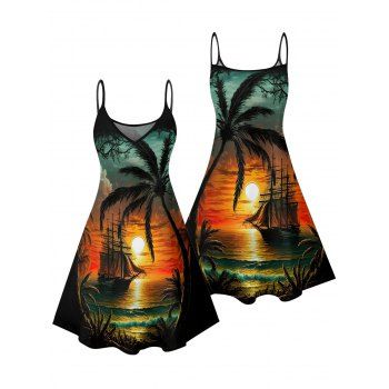 Coconut Tree Sunset Print Beach Dress Spaghetti Strap Mini Dress for Vacation