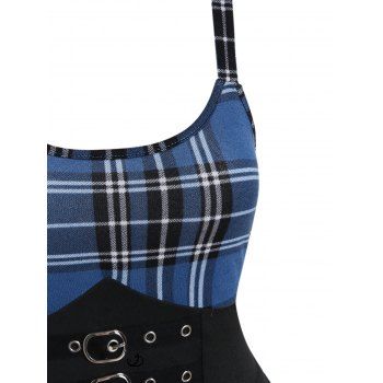 Vintage Dress Plaid Print Dress Grommet Bucket High Waisted High Low Midi Dress