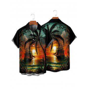 Vacation Couple Outfit for Beach Coconut Tree Sunset Print Mini Dress and Shirt Matching Set