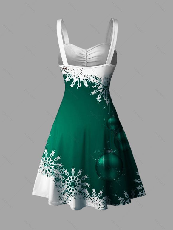 Robe de Soirée Volantée Imprimé Flocon de Neige et Clochette de Noël - Vert profond S | US 4