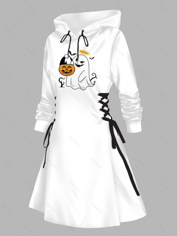 Robe à capuche d'Halloween, mini-robe à lacets et cordons de serrage, imprimé fantôme citrouille - Blanc S | US 4