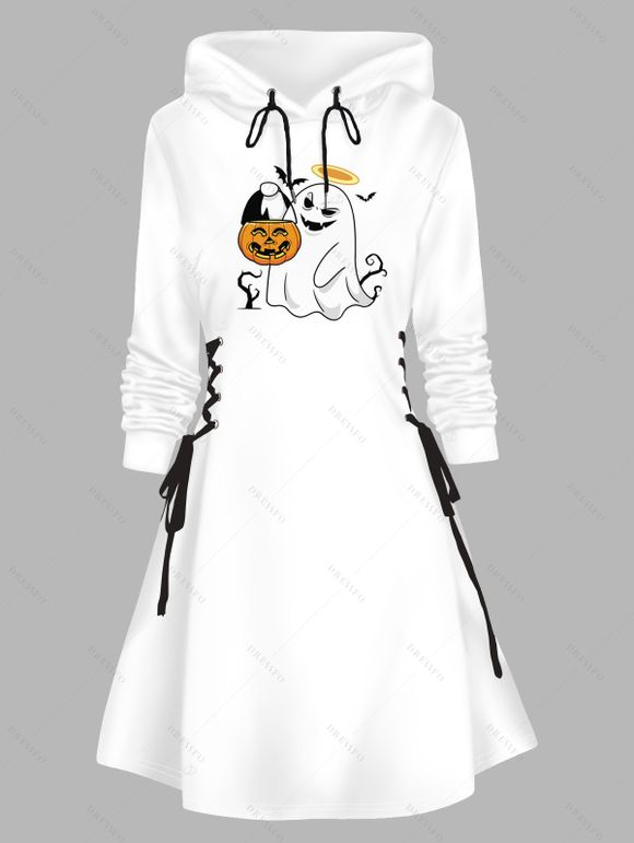 Robe à capuche d'Halloween, mini-robe à lacets et cordons de serrage, imprimé fantôme citrouille - Blanc XXL | US 14