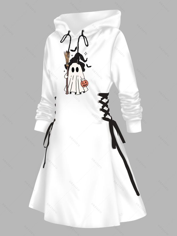 Robe à capuche d'Halloween, mini-robe à lacets et cordons de serrage, imprimé chauve-souris, fantôme et citrouille - Blanc S | US 4