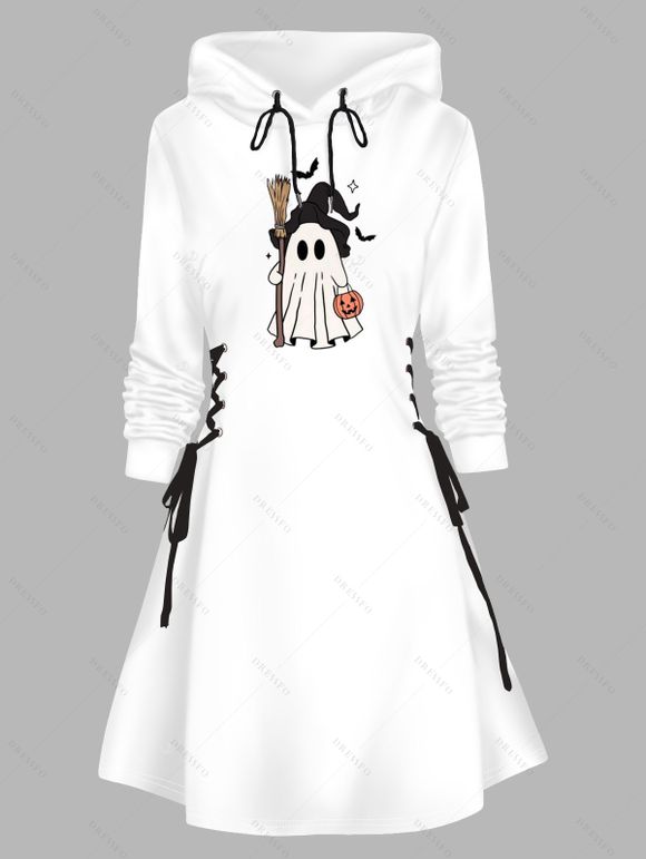 Robe à capuche d'Halloween, mini-robe à lacets et cordons de serrage, imprimé chauve-souris, fantôme et citrouille - Blanc XXL | US 14