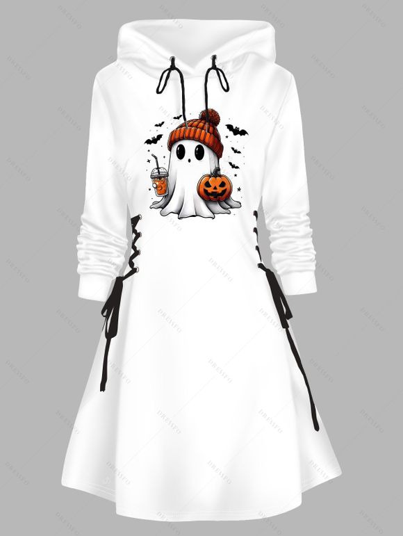Robe à capuche d'Halloween, mini-robe à lacets et cordons de serrage, imprimé citrouille fantôme - Blanc XXL | US 14