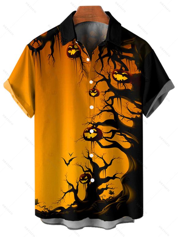 Chemise boutonnée gothique pour homme, motif citrouille et forêt, pour Halloween - Orange 2XL