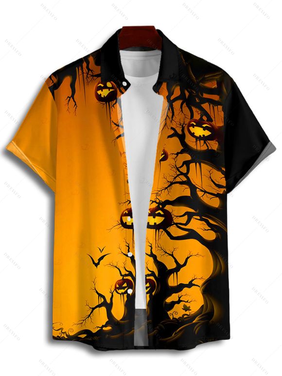 Chemise boutonnée gothique pour homme, motif citrouille et forêt, pour Halloween - Orange 2XL