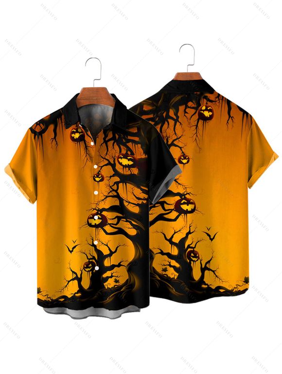 Chemise boutonnée gothique pour homme, motif citrouille et forêt, pour Halloween - Orange 2XL
