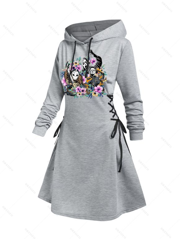 Robe à capuche gothique, mini-robe à lacets et cordons de serrage, imprimé floral, têtes de mort, pour Halloween - Gris Clair S | US 4