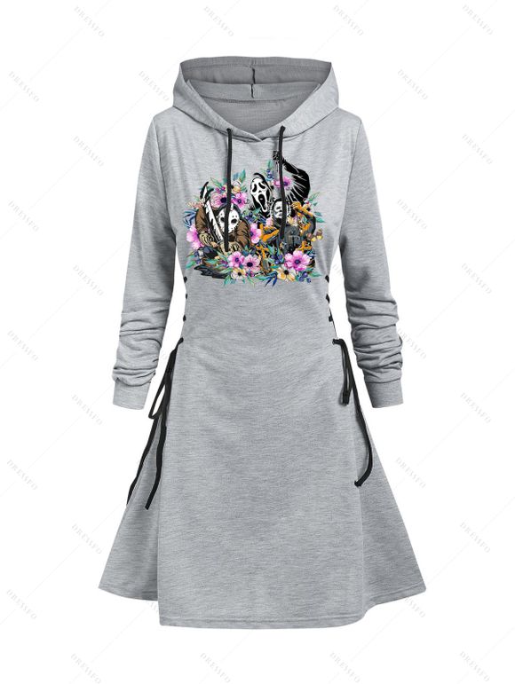 Robe à capuche gothique, mini-robe à lacets et cordons de serrage, imprimé floral, têtes de mort, pour Halloween - Gris Clair S | US 4