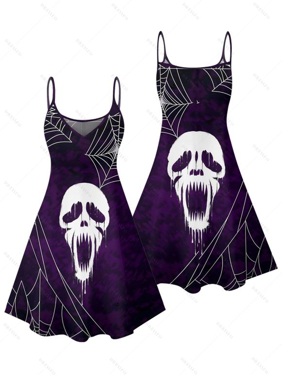 Robe gothique à imprimé tête de mort et toile d'araignée, mini-robe à bretelles spaghetti pour Halloween - Concorde S | US 4