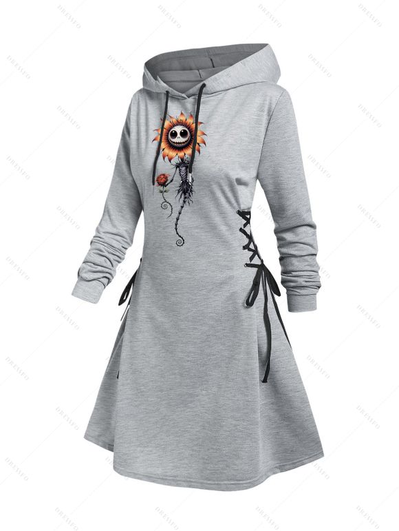 Robe à capuche gothique, imprimé tête de mort et tournesol, mini-robe à lacets et cordons de serrage pour Halloween - Gris Clair S | US 4