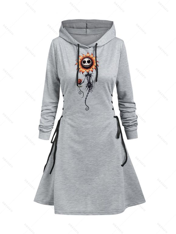 Robe à capuche gothique, imprimé tête de mort et tournesol, mini-robe à lacets et cordons de serrage pour Halloween - Gris Clair S | US 4