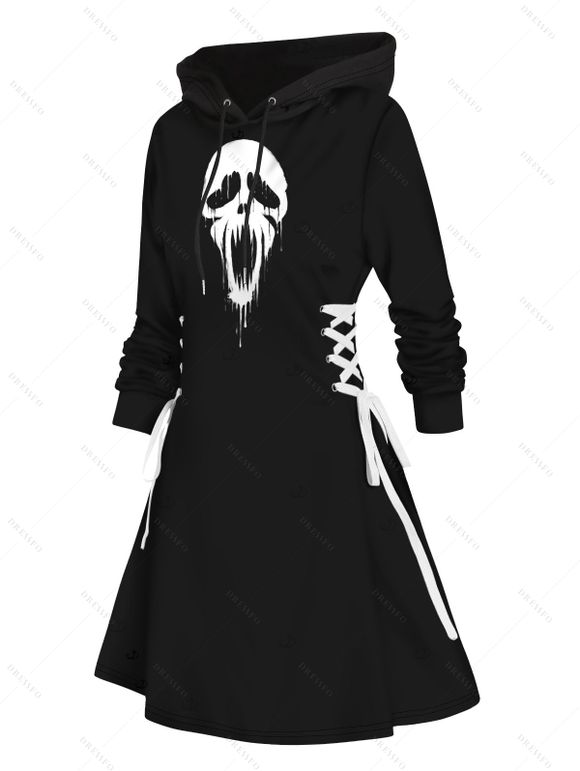 Robe à capuche gothique pour Halloween, mini-robe à lacets et cordons de serrage, imprimé tête de mort - Noir S | US 4
