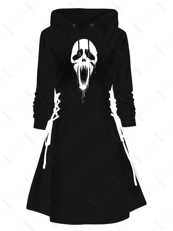Robe à capuche gothique pour Halloween, mini-robe à lacets et cordons de serrage, imprimé tête de mort - Noir XXL | US 14