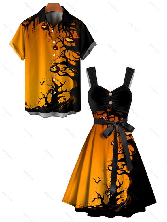 Gothic Couple Outfit for Halloween Forest Pumpkin Print Dress Belt Ruched Mini Dress and Shirt Set - Orange 