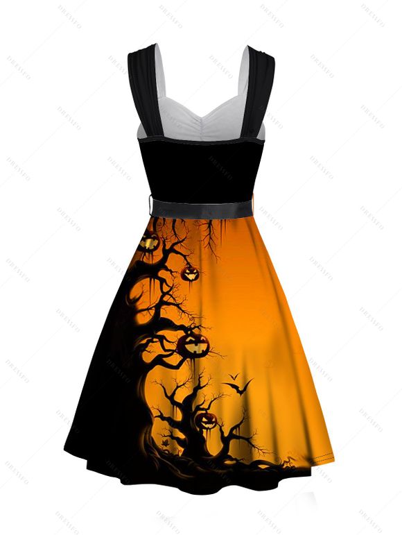 Gothic Couple Outfit for Halloween Forest Pumpkin Print Dress Belt Ruched Mini Dress and Shirt Set - Orange 