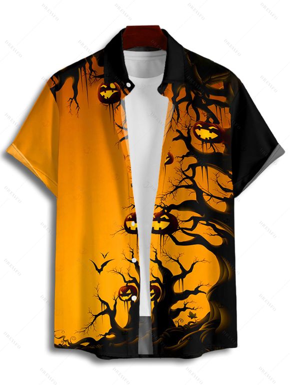 Gothic Couple Outfit for Halloween Forest Pumpkin Print Dress Belt Ruched Mini Dress and Shirt Set - Orange 