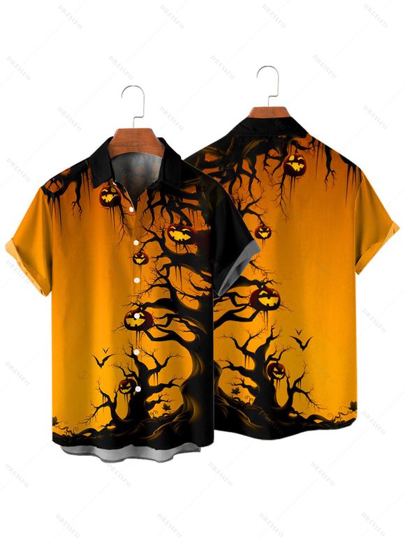 Gothic Couple Outfit for Halloween Forest Pumpkin Print Dress Belt Ruched Mini Dress and Shirt Set - Orange 