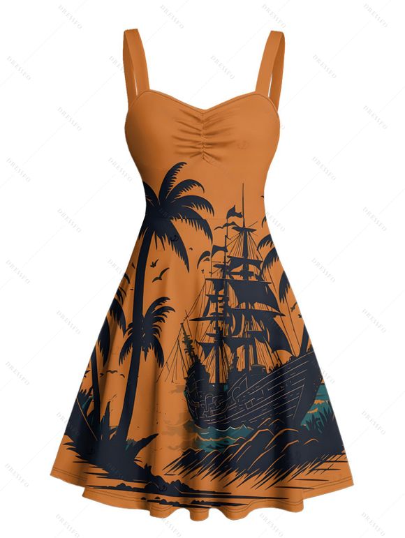 Robe de vacances pour la plage, imprimé cocotier, mini-robe froncée au buste - Orange S | US 4