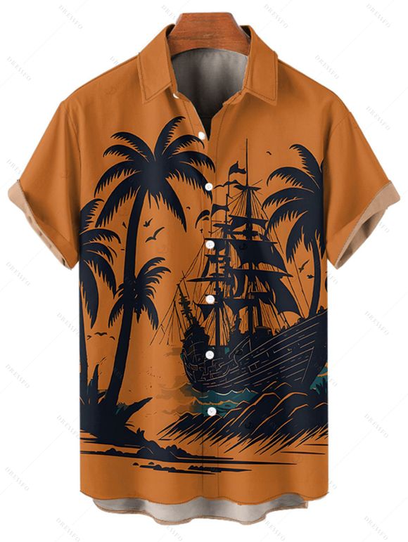 Chemise boutonnée à imprimé cocotiers pour homme, idéale pour les vacances à la plage - Orange 5XL