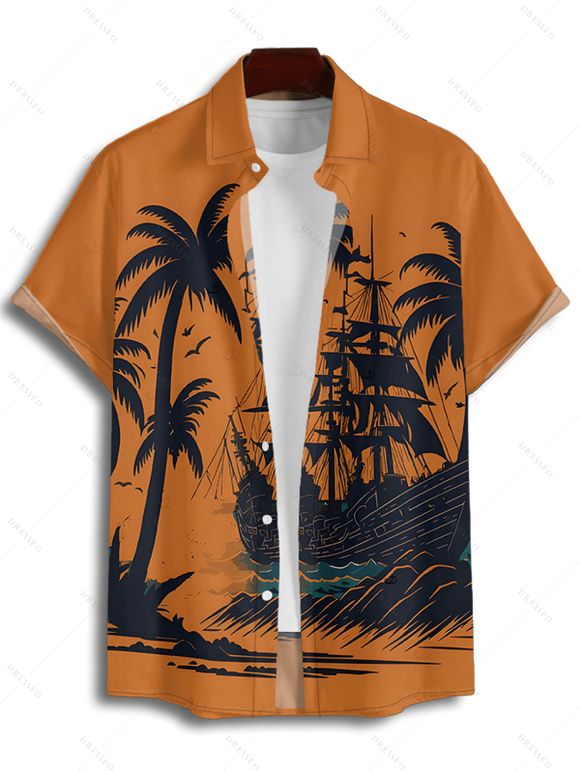 Chemise boutonnée à imprimé cocotiers pour homme, idéale pour les vacances à la plage - Orange 4XL