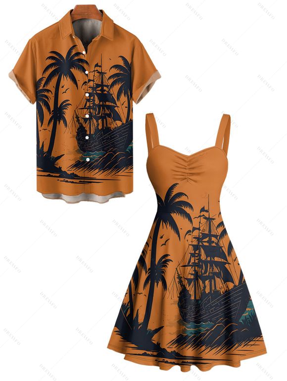 Vacation Couple Outfit for Beach Coconut Tree Print Mini Dress and Shirt Matching Set - Orange S | US 4